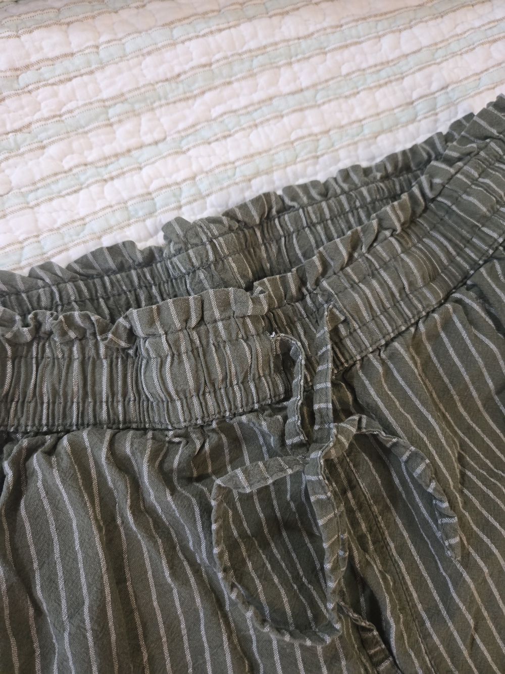 Olive Green Pinstripe Wide-Leg Loung Linen Blend Pants L - Picture 3 of 8